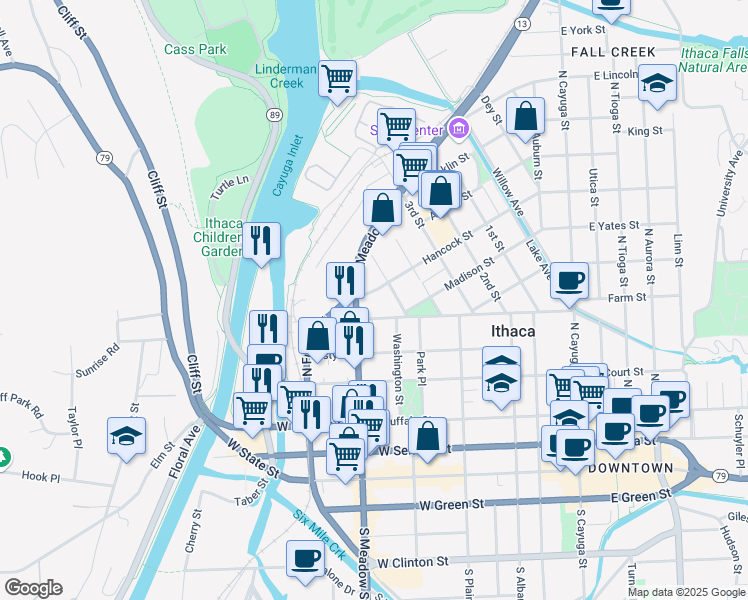 map of restaurants, bars, coffee shops, grocery stores, and more near 711 Hancock Street in Ithaca