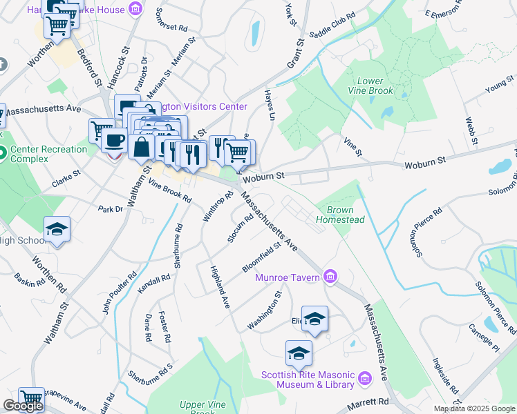 map of restaurants, bars, coffee shops, grocery stores, and more near 1505 Massachusetts Avenue in Lexington