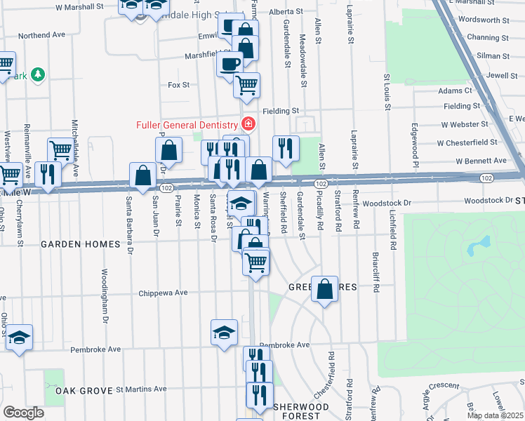 map of restaurants, bars, coffee shops, grocery stores, and more near 20483 Warrington Drive in Detroit