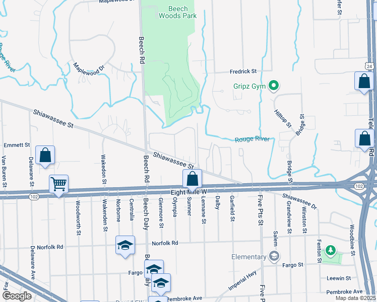 map of restaurants, bars, coffee shops, grocery stores, and more near 25740 Shiawassee Street in Southfield