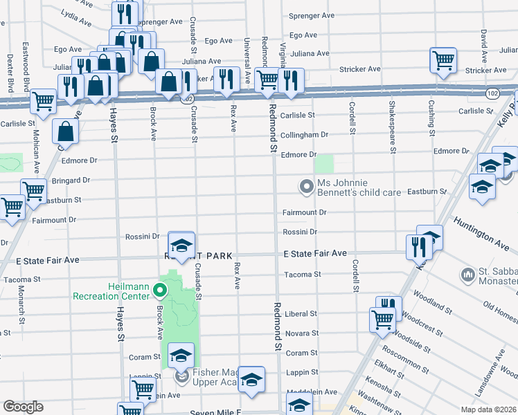 map of restaurants, bars, coffee shops, grocery stores, and more near 15848 Eastburn Street in Detroit