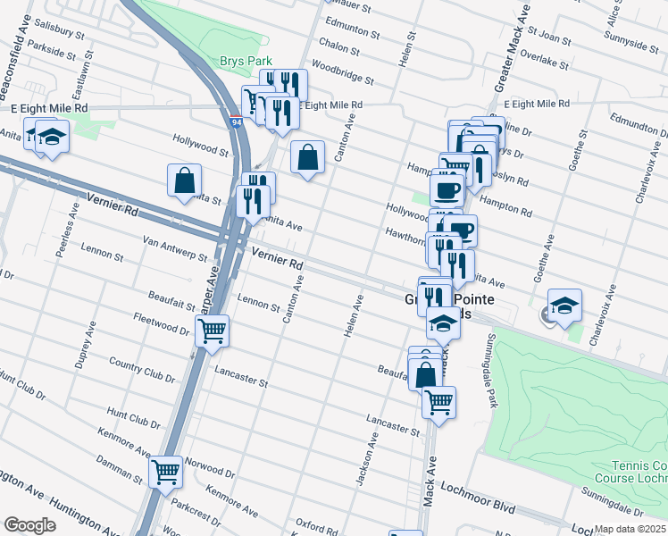 map of restaurants, bars, coffee shops, grocery stores, and more near 2200 Vernier Road in Grosse Pointe Woods