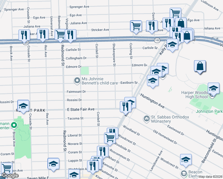 map of restaurants, bars, coffee shops, grocery stores, and more near 16604 Eastburn Street in Detroit