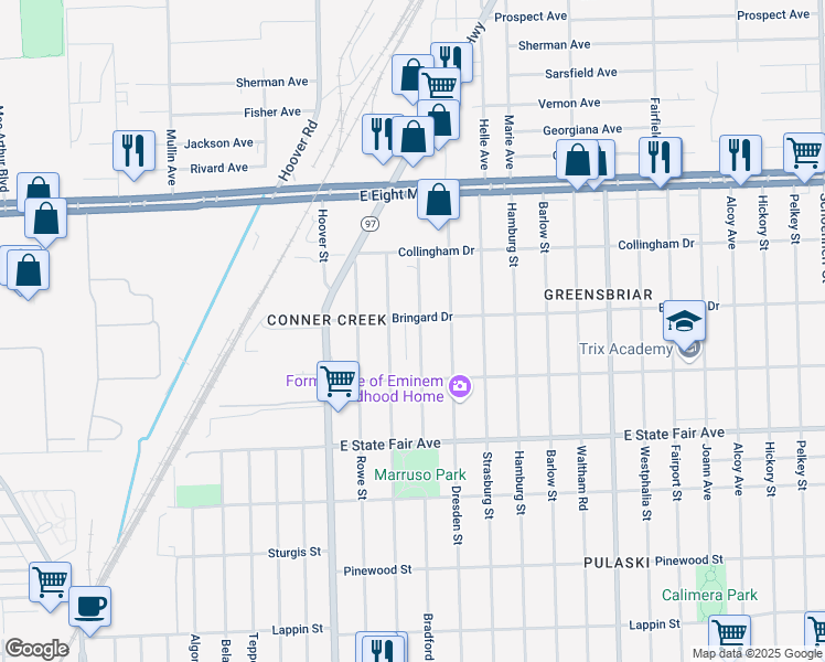 map of restaurants, bars, coffee shops, grocery stores, and more near 20210 Bradford Avenue in Detroit