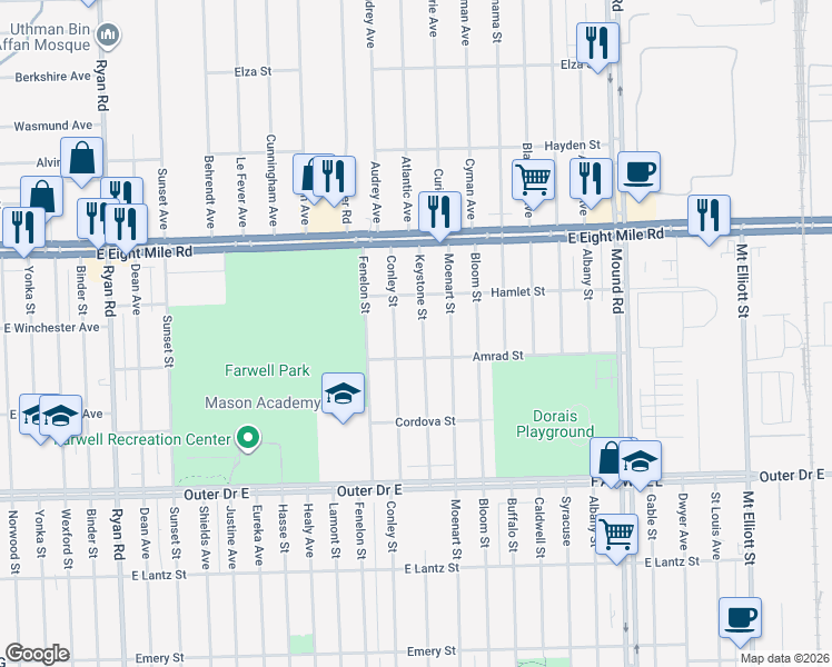 map of restaurants, bars, coffee shops, grocery stores, and more near 20283 Keystone Street in Detroit