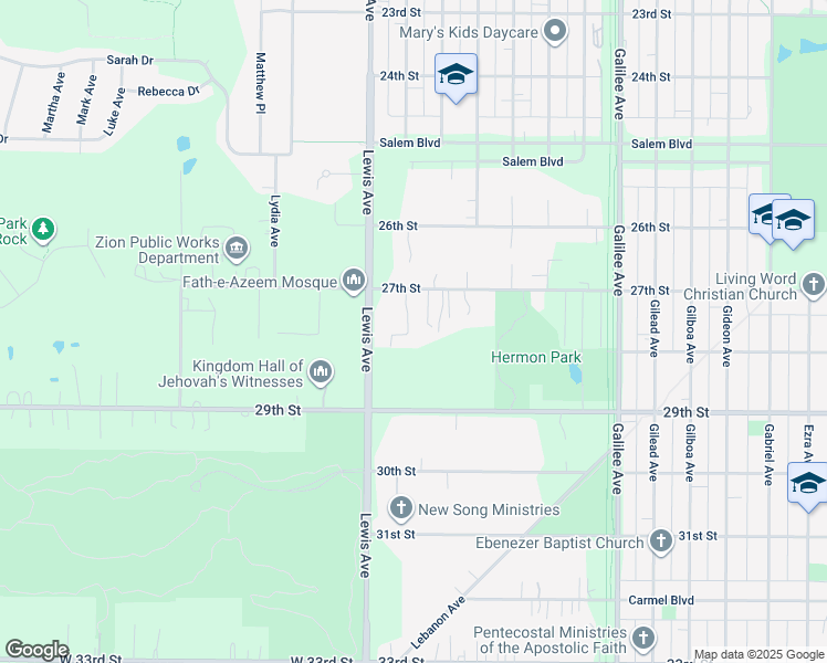 map of restaurants, bars, coffee shops, grocery stores, and more near 2917 27th Street in Zion