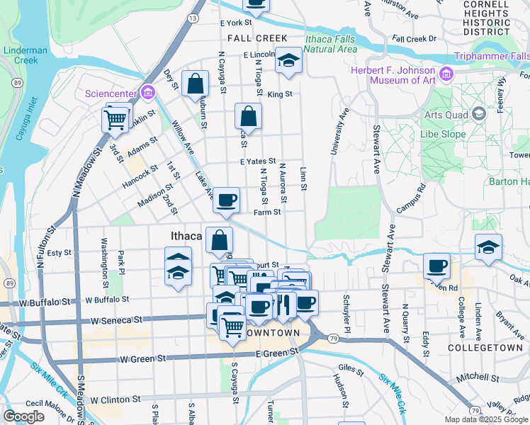 map of restaurants, bars, coffee shops, grocery stores, and more near 199 Farm Street in Ithaca