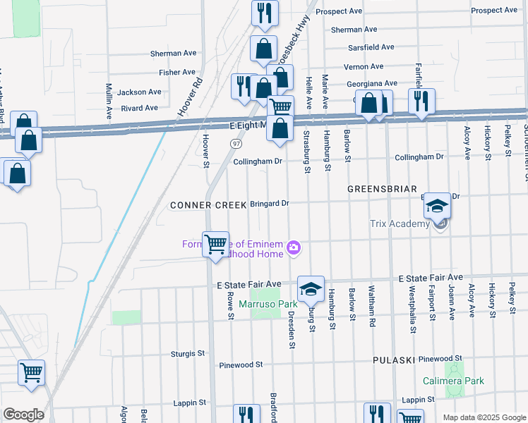 map of restaurants, bars, coffee shops, grocery stores, and more near 20210 Bradford Avenue in Detroit
