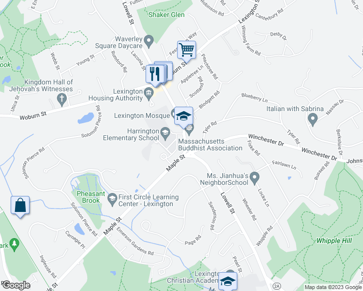 map of restaurants, bars, coffee shops, grocery stores, and more near 312 Lowell Street in Lexington