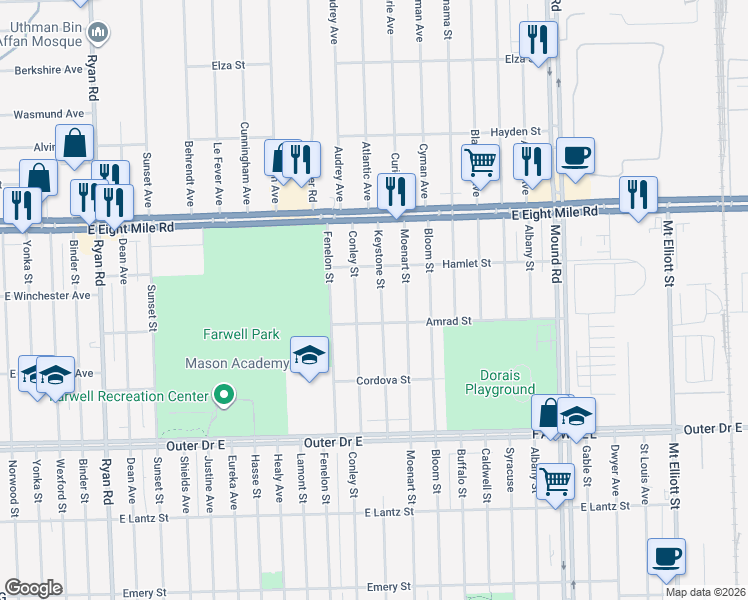 map of restaurants, bars, coffee shops, grocery stores, and more near 20283 Keystone Street in Detroit