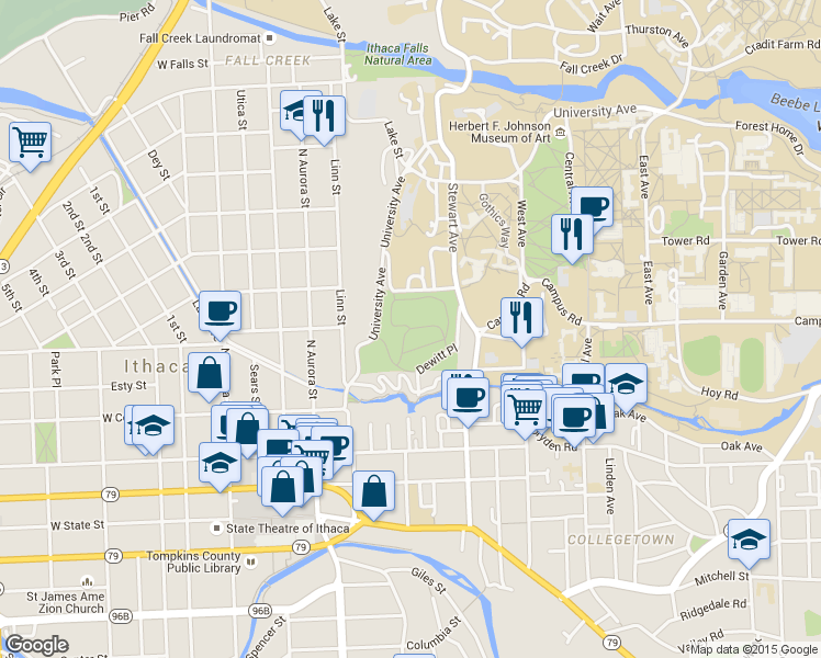 map of restaurants, bars, coffee shops, grocery stores, and more near City of Ithaca Cemetery in Ithaca
