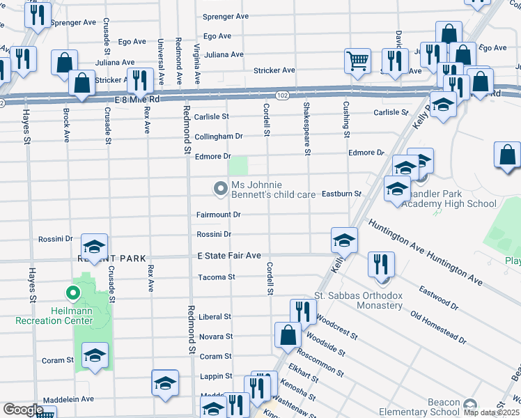map of restaurants, bars, coffee shops, grocery stores, and more near 16291 Fairmount Drive in Detroit