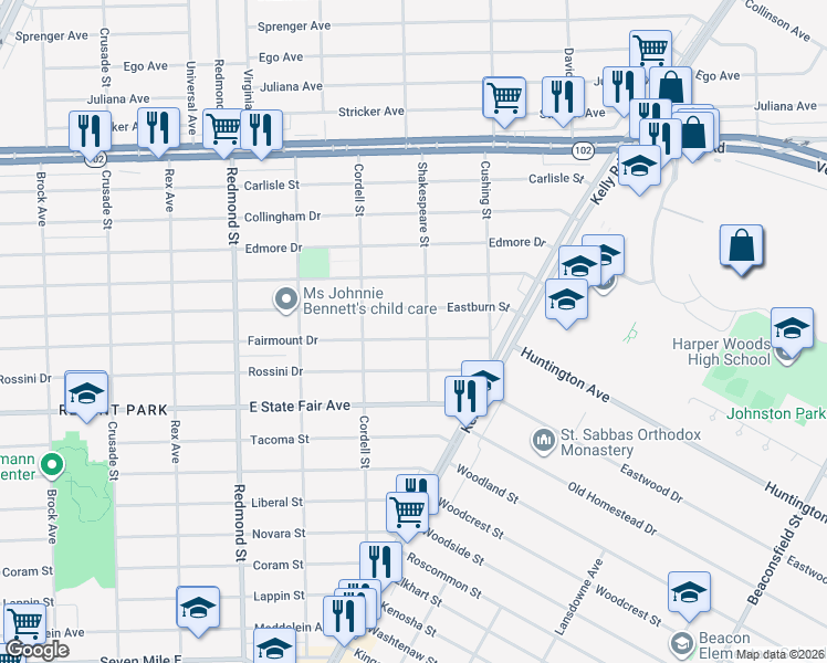 map of restaurants, bars, coffee shops, grocery stores, and more near 16604 Eastburn Street in Detroit