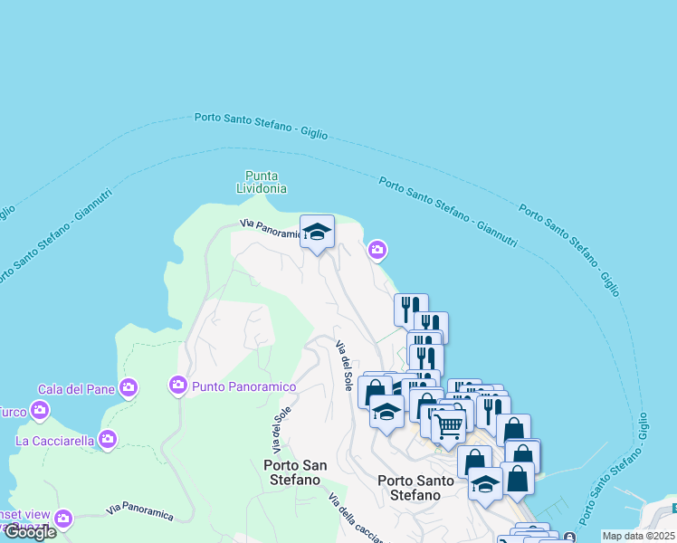 map of restaurants, bars, coffee shops, grocery stores, and more near 22 Via dei Fari in Porto Santo Stefano