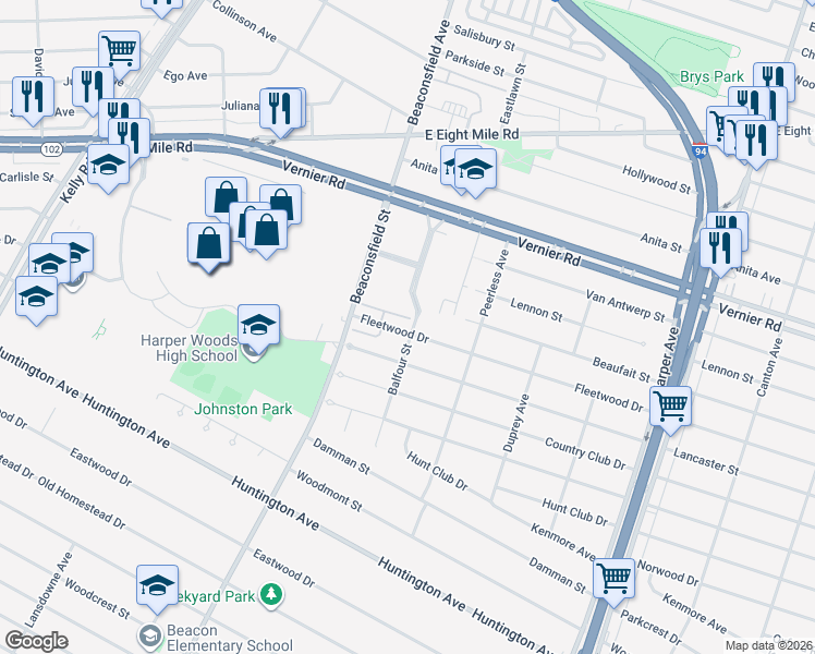 map of restaurants, bars, coffee shops, grocery stores, and more near 19617 Fleetwood Drive in Harper Woods