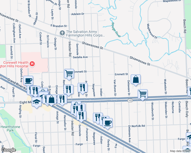 map of restaurants, bars, coffee shops, grocery stores, and more near 21018 Negaunee in Southfield