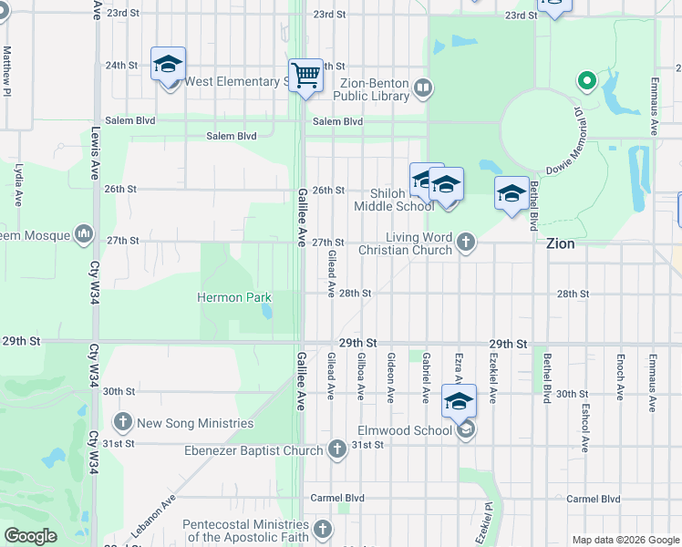 map of restaurants, bars, coffee shops, grocery stores, and more near 2709 Gilead Avenue in Zion