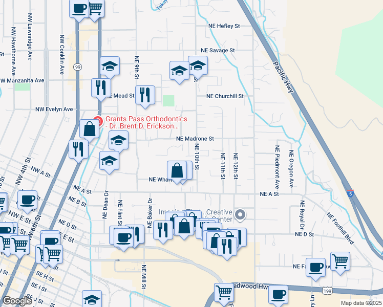 map of restaurants, bars, coffee shops, grocery stores, and more near 909 Northeast Madrone Street in Grants Pass