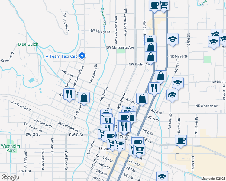 map of restaurants, bars, coffee shops, grocery stores, and more near 721 Northwest 2nd Street in Grants Pass