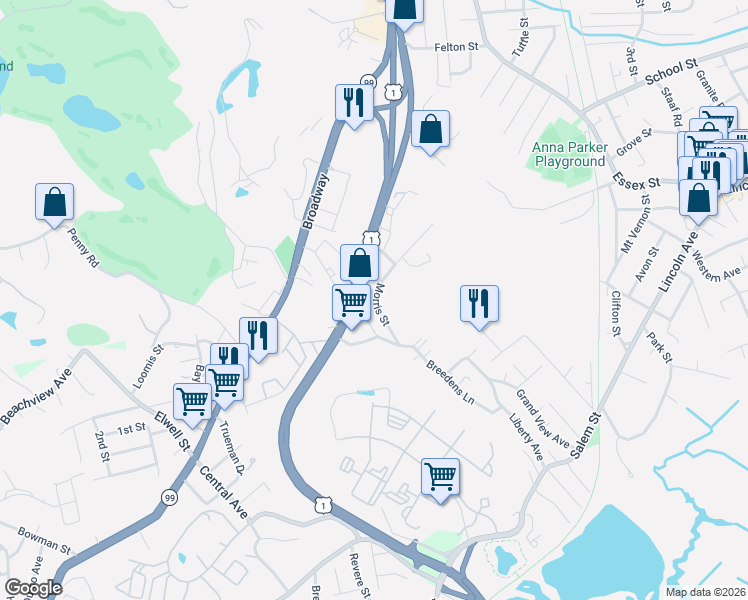 map of restaurants, bars, coffee shops, grocery stores, and more near 1345 Frank P Bennett Highway in Revere