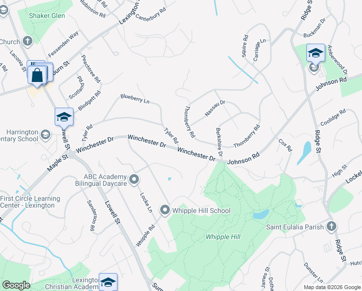 map of restaurants, bars, coffee shops, grocery stores, and more near 40 Tyler Road in Lexington