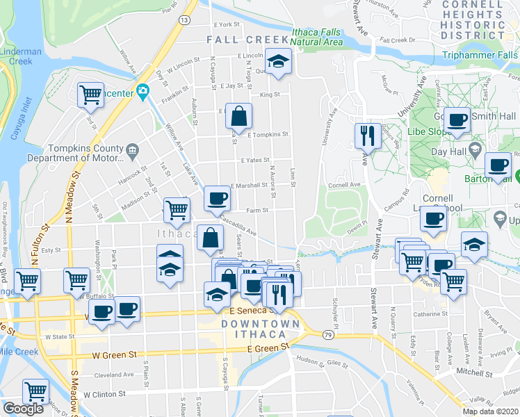 map of restaurants, bars, coffee shops, grocery stores, and more near 507 North Tioga Street in Ithaca