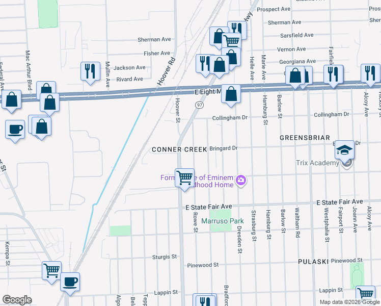 map of restaurants, bars, coffee shops, grocery stores, and more near 20211 Rowe Street in Detroit