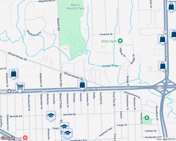 map of restaurants, bars, coffee shops, grocery stores, and more near 25400 Basin Street in Southfield