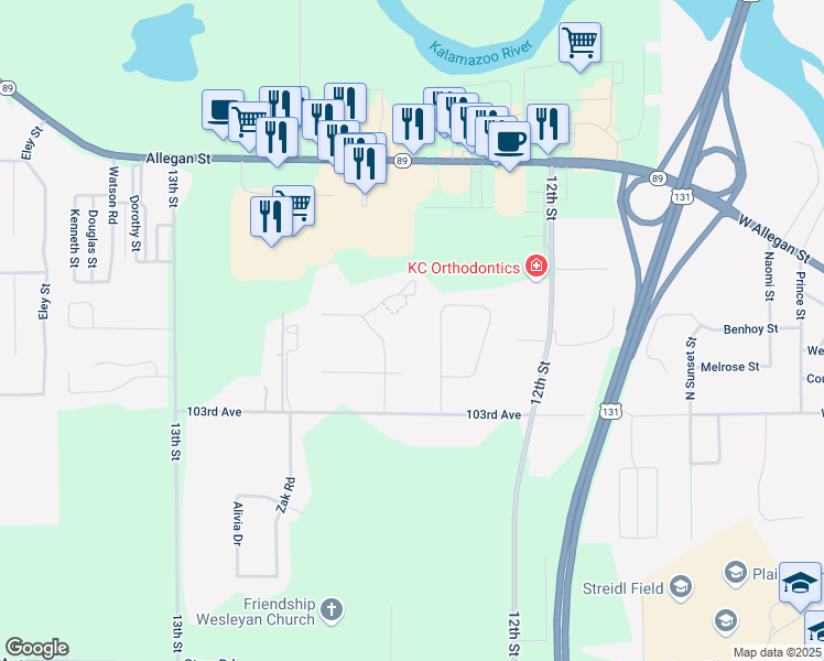 map of restaurants, bars, coffee shops, grocery stores, and more near 321 Cross Oaks Drive in Plainwell