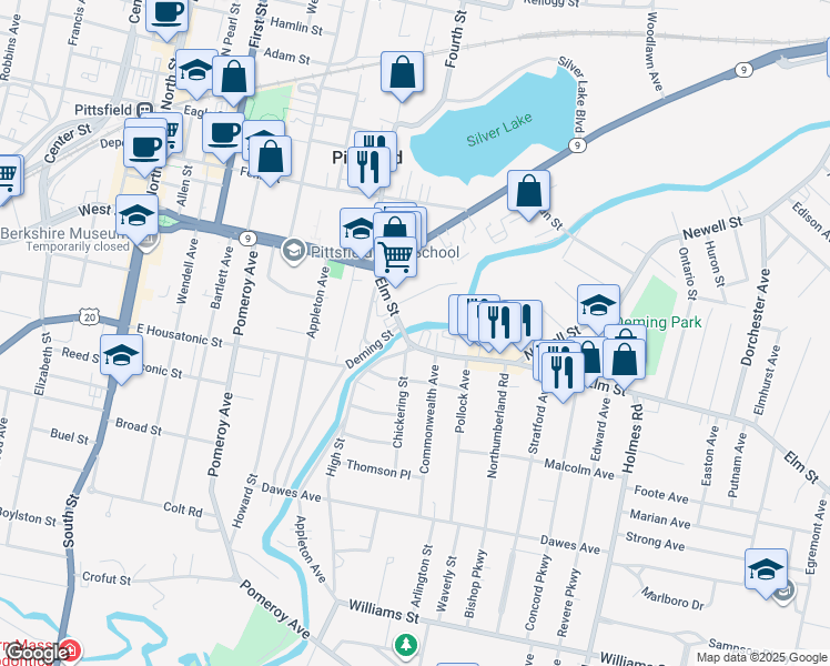 map of restaurants, bars, coffee shops, grocery stores, and more near 53 Elm Street in Pittsfield