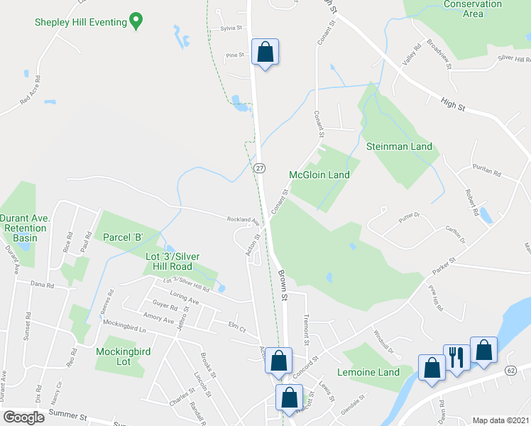 map of restaurants, bars, coffee shops, grocery stores, and more near 59 Brown Street in Maynard