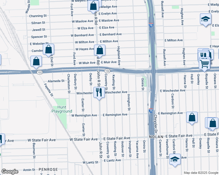 map of restaurants, bars, coffee shops, grocery stores, and more near 20430 Coventry Street in Highland Park
