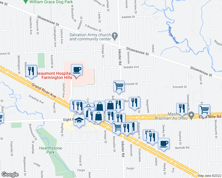 map of restaurants, bars, coffee shops, grocery stores, and more near 21027 Rensselaer Street in Farmington Hills
