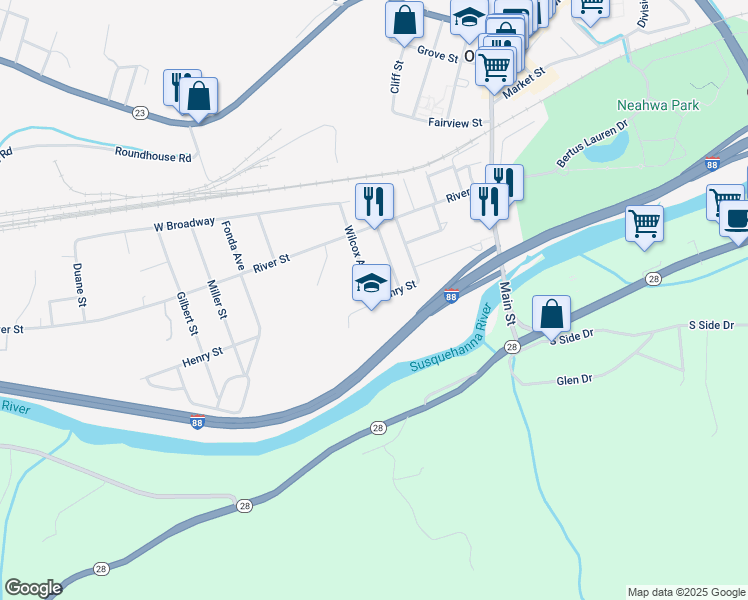 map of restaurants, bars, coffee shops, grocery stores, and more near Wilcox Avenue in Oneonta