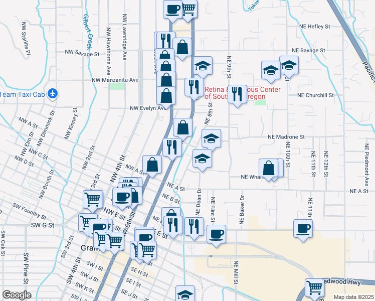 map of restaurants, bars, coffee shops, grocery stores, and more near 231 Northeast School Street in Grants Pass
