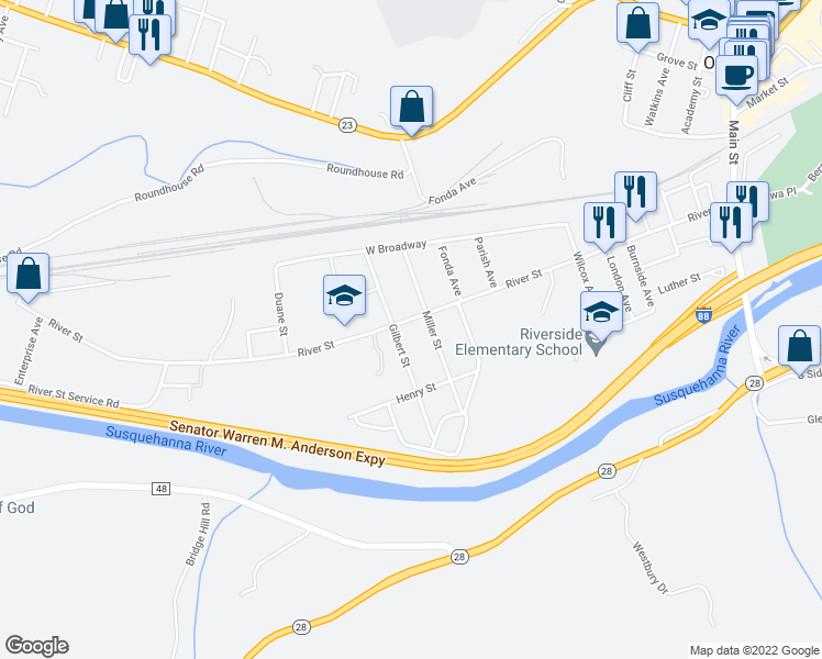 map of restaurants, bars, coffee shops, grocery stores, and more near 139 River Street in Oneonta