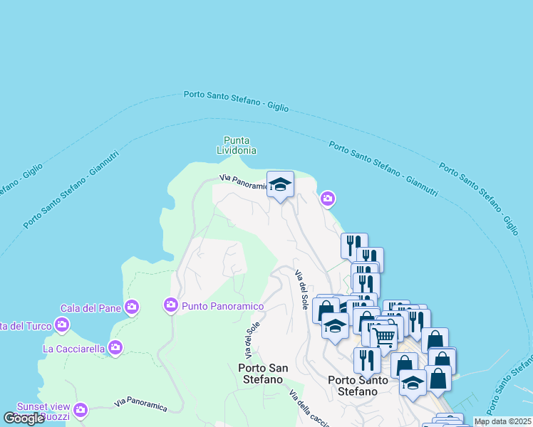 map of restaurants, bars, coffee shops, grocery stores, and more near 24 Via Lividonia in Porto Santo Stefano