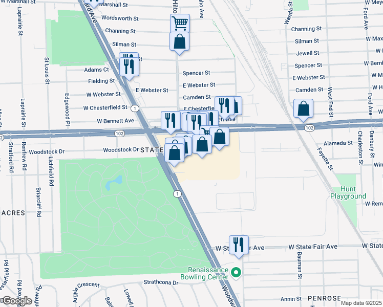 map of restaurants, bars, coffee shops, grocery stores, and more near 1343 8 Mile Road in Detroit