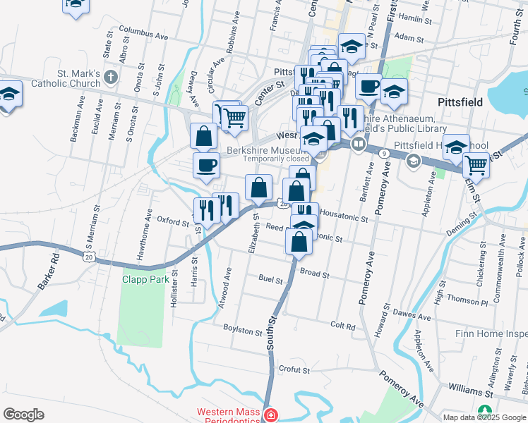 map of restaurants, bars, coffee shops, grocery stores, and more near 60 Noble Avenue in Pittsfield