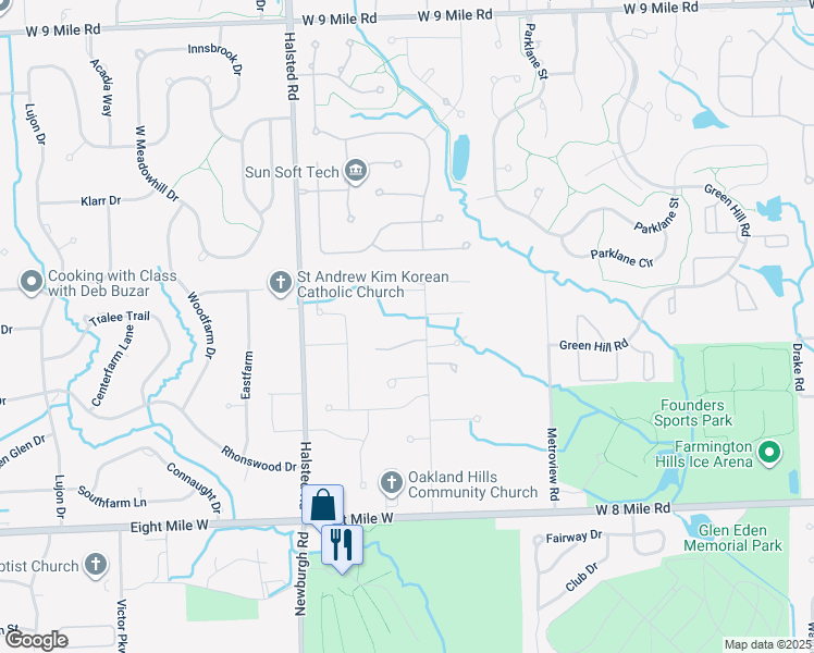 map of restaurants, bars, coffee shops, grocery stores, and more near 21205 Goldsmith Street in Farmington Hills