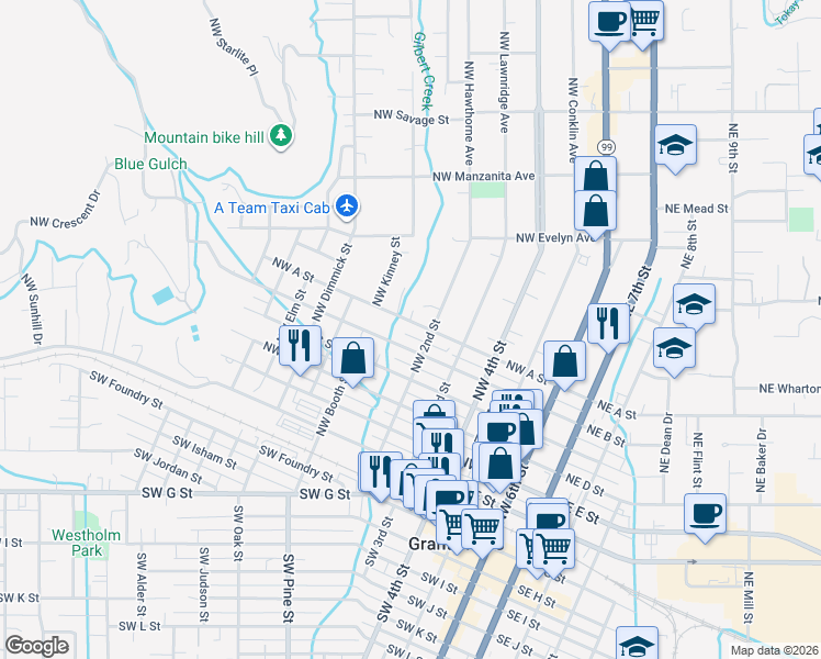 map of restaurants, bars, coffee shops, grocery stores, and more near 510 Northwest A Street in Grants Pass