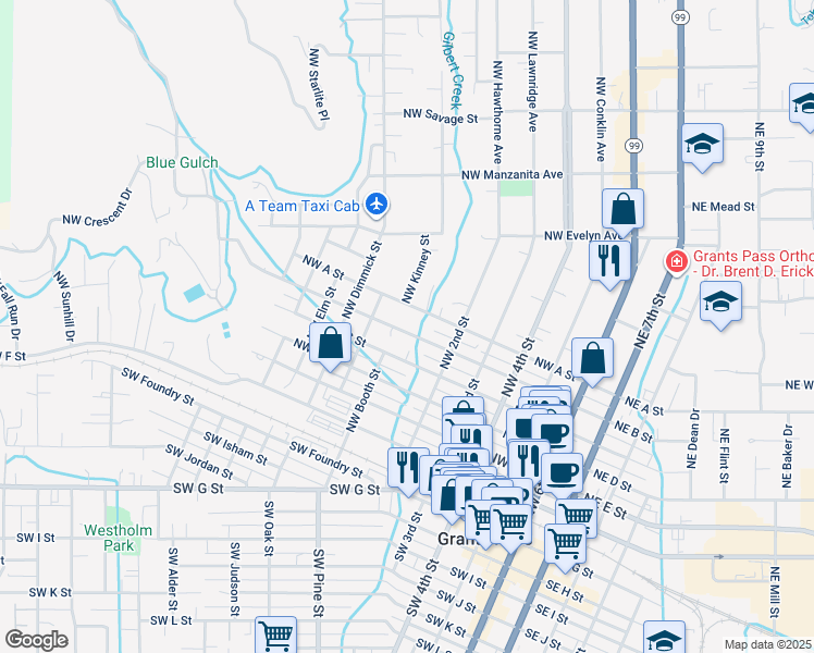map of restaurants, bars, coffee shops, grocery stores, and more near 611 Northwest A Street in Grants Pass