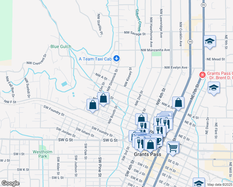 map of restaurants, bars, coffee shops, grocery stores, and more near 602 Northwest Clarke Street in Grants Pass