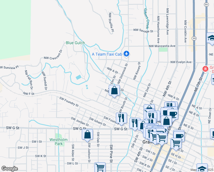 map of restaurants, bars, coffee shops, grocery stores, and more near 1103 Northwest C Street in Grants Pass