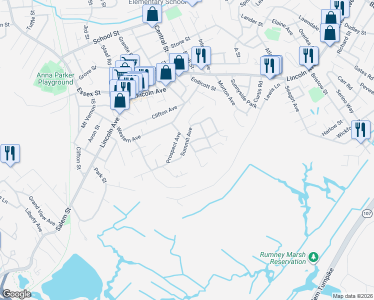 map of restaurants, bars, coffee shops, grocery stores, and more near 7 Beacham Avenue in Saugus