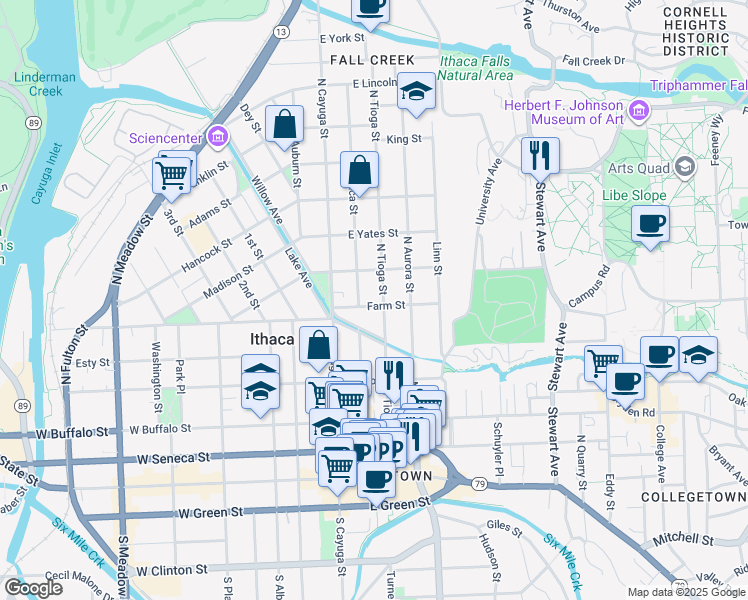 map of restaurants, bars, coffee shops, grocery stores, and more near 507 North Tioga Street in Ithaca