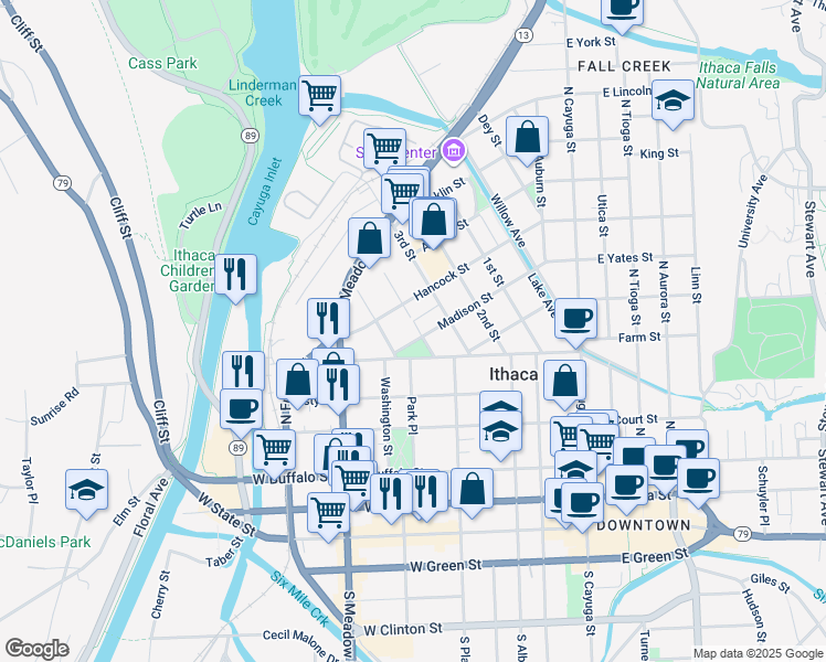 map of restaurants, bars, coffee shops, grocery stores, and more near 209 4th St in Ithaca