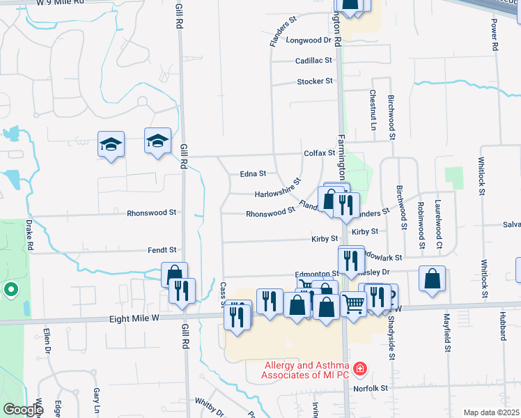 map of restaurants, bars, coffee shops, grocery stores, and more near 33995 Harlowshire Street in Farmington Hills