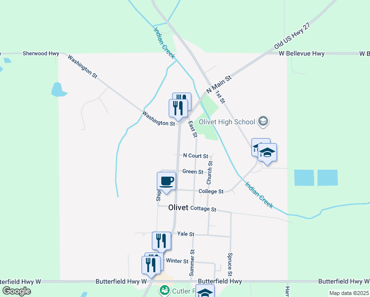 map of restaurants, bars, coffee shops, grocery stores, and more near 127 South Main Street in Olivet