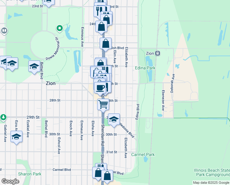 map of restaurants, bars, coffee shops, grocery stores, and more near 2707 Elim Avenue in Zion
